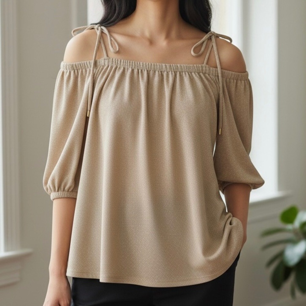 Michael Kors Gold Metallic Cold Shoulder Tie Strap Knit Top Sz M Shimmer Party